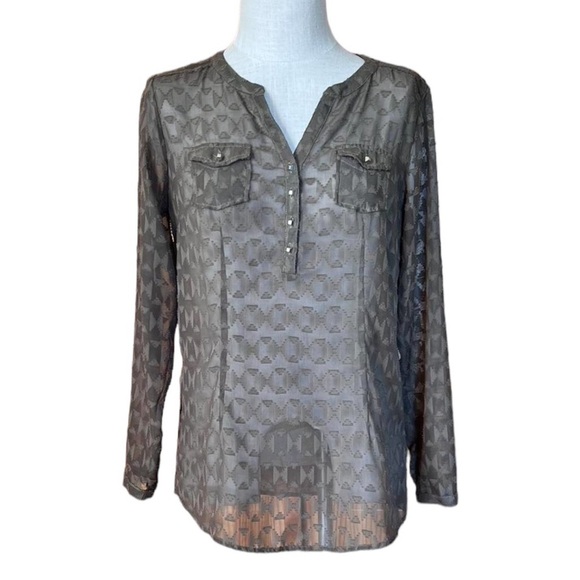 Ariat Small Long Sleeve Army Green Western Sheer Blouse Aztec Southwestern - Picture 1 of 7